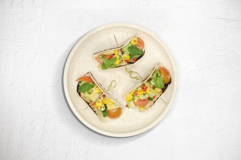 charred corn and avocado mini taco
